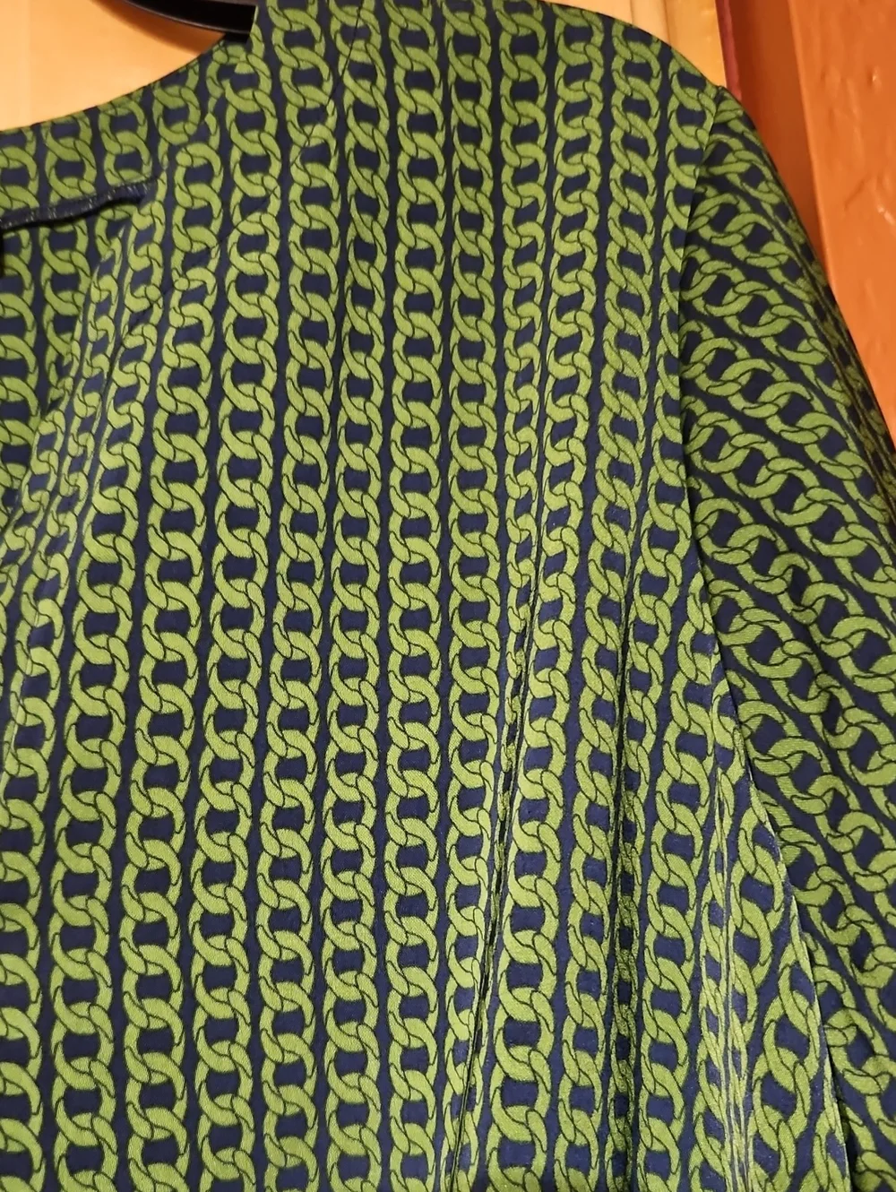 Michael Kors Navy Blue Green Equestrian Chain Print 3/4 Sleeve V-Neck Top